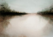 Watercolour-style landscape of a river reflecting silhouetted trees under a misty grey sky.