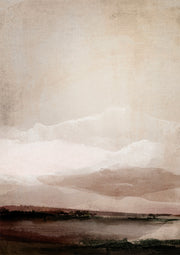 Watercolour landscape print of misty mountains and water in blush and beige tones