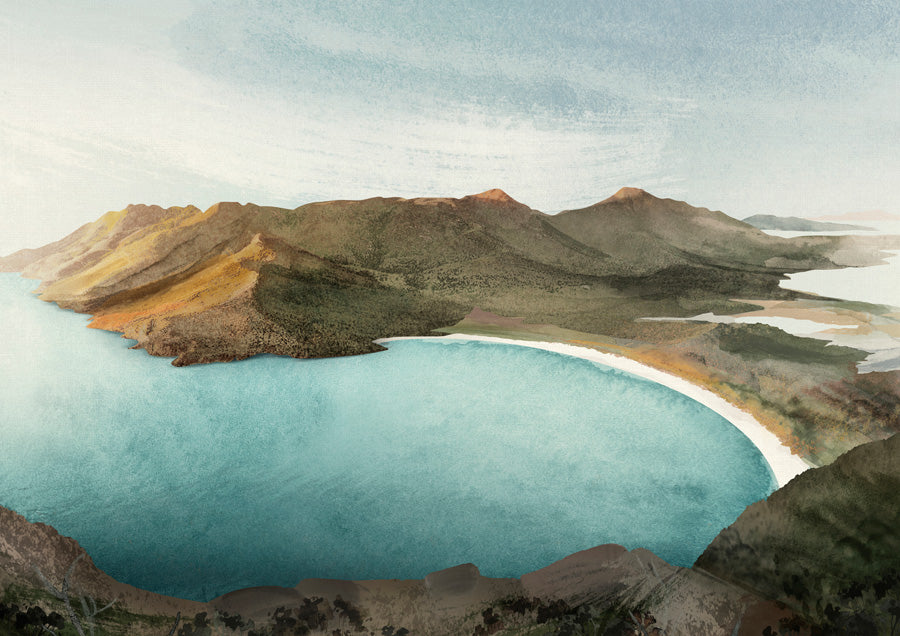 Aerial watercolour of a turquoise bay with white sand shoreline and amber-green hillsides.