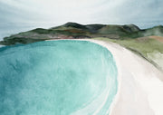 Watercolour painting of Wineglass Bay with turquoise water, sandy beach and green hills