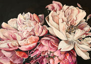 Close-up painting of pink and cream peonies against a black background