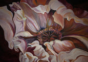 Close-up painting of a ruffled flower with cream and mauve petals on dark background