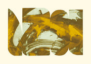 Abstract print with gold and brown wash tones in interlocking rounded geometric shapes