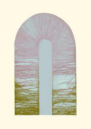 Arched print with radiating pink and olive linework around a pale central column