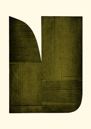 Abstract etching print with olive line texture forming an arch and geometric blocks