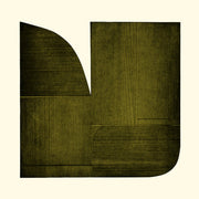 Abstract etching of olive green geometric shapes on cream background
