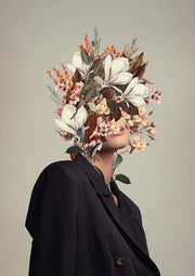 Portrait of a figure in a black blazer with face covered by a floral collage of magnolias and roses