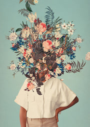 Figure in white shirt with head replaced by a large floral collage on teal background