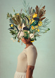 Woman in profile with head replaced by a floral and bird collage on teal background