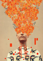 Surreal collage portrait with a head of orange flowers and a bird-patterned collar