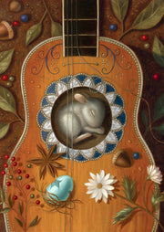 A rabbit sleeps inside a guitar's sound hole among leaves, berries and a cracked egg