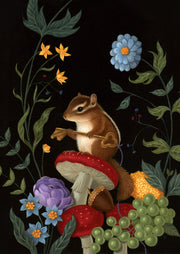Chipmunk holding a golden key on a red toadstool amid flowers, grapes and acorns