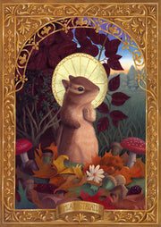 Illustrated chipmunk with clasped paws and gold halo in an ornate gilded frame with autumn foliage