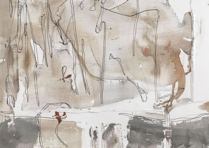 Abstract artwork with taupe drips, charcoal linework and rust accents on a neutral ground