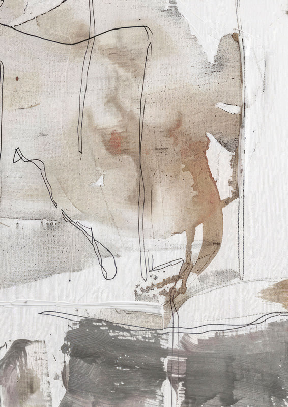 Abstract artwork with charcoal line drawing over taupe washes and a grey block at the base