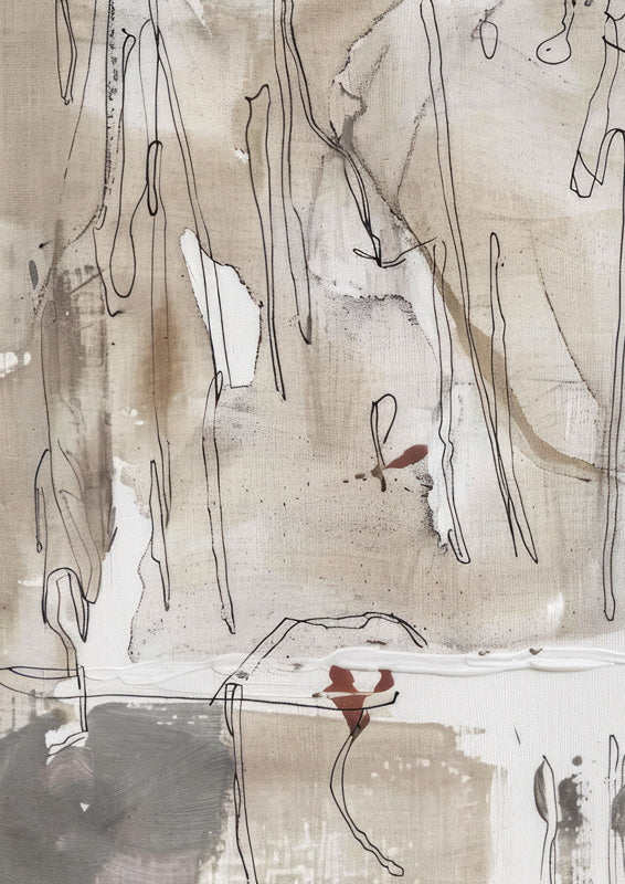 Abstract artwork with vertical linear marks over a taupe and beige washed background
