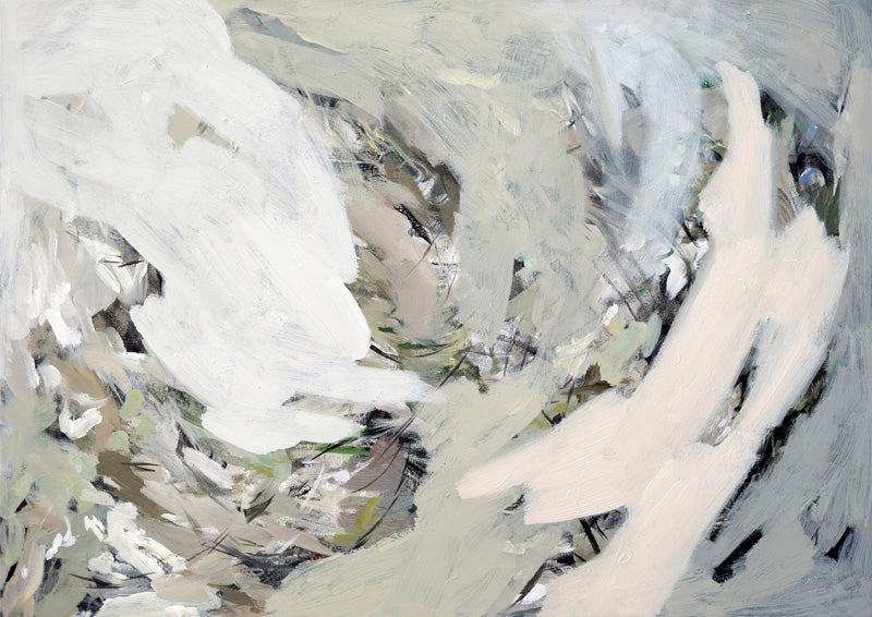 Abstract gestural painting with sweeping white and sage brushstrokes on a muted textured surface.