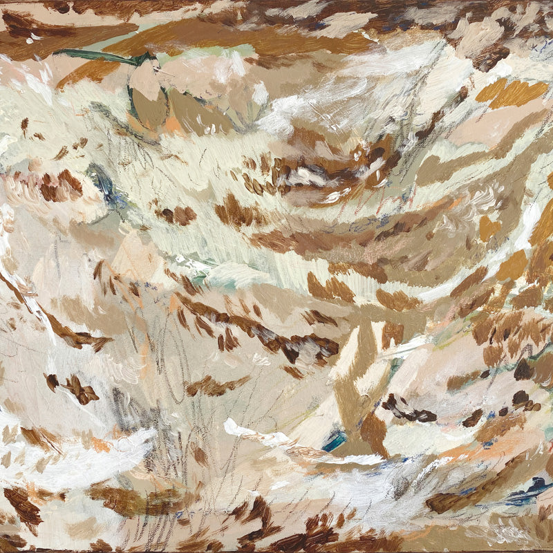Abstract painting with gestural ochre, cream and brown brushstrokes forming ridge-like desert forms