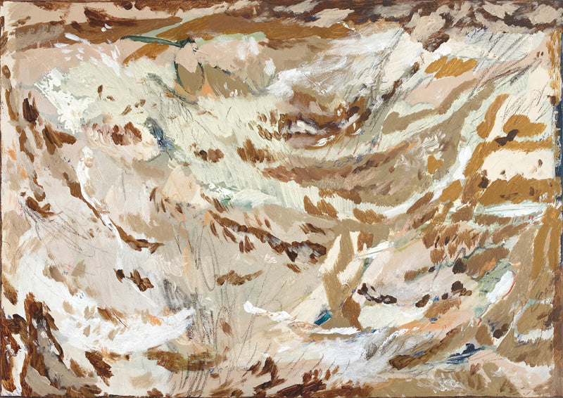 Abstract painting of layered ochre, cream and brown brushstrokes resembling a desert landscape