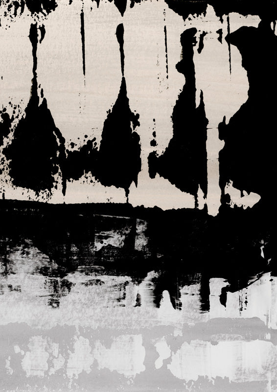Abstract black drip and splatter forms on an ivory background with high contrast