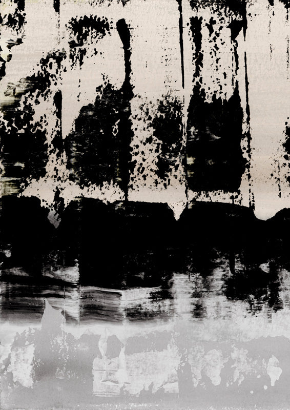 Black ink drips over ivory background with a dense black band and grey reflective tones below