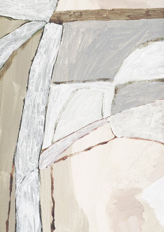 Abstract painting with faceted blush, grey and cream planes divided by thin painted lines