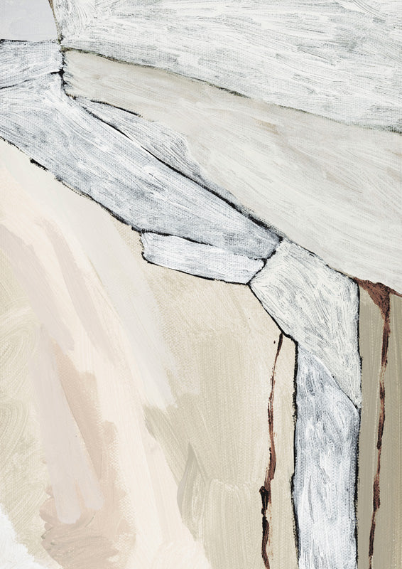Abstract painting of angular grey and white facets over a blush background with fine crack lines.