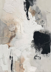 Abstract textured artwork in cream and white with bold black marks and grey patches