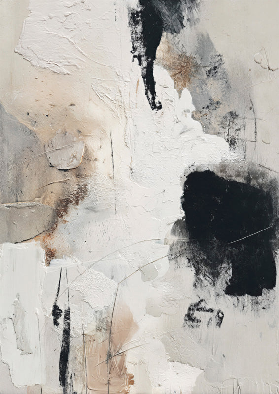 Abstract textured artwork in cream and white with bold black marks and grey patches