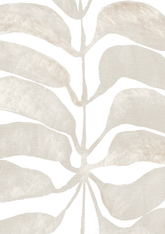 Close-up illustration of a palm frond in cream and taupe tones on a white background