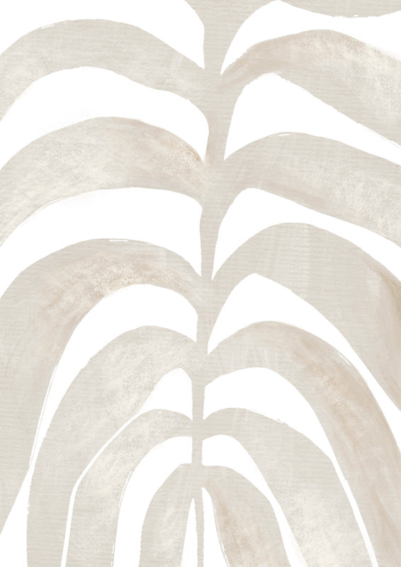 Close-up illustration of a palm frond in cream and taupe arched brushstrokes on white.