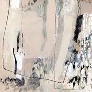 Abstract painting with sand and sage layers, charcoal frame outlines and black and white marks