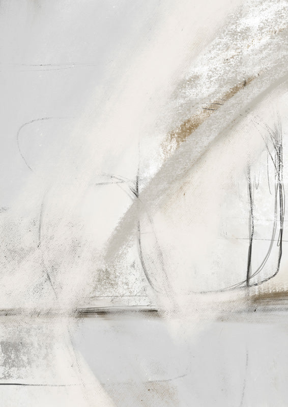 Abstract artwork with a pale arc, fine charcoal lines and a tan streak on a cream ground