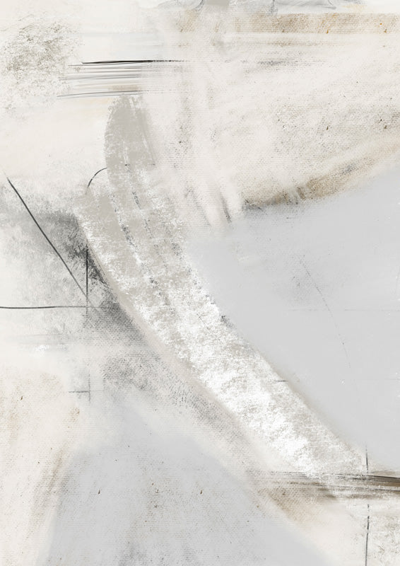 Abstract cream and grey artwork with a curved textured brushstroke and fine black lines