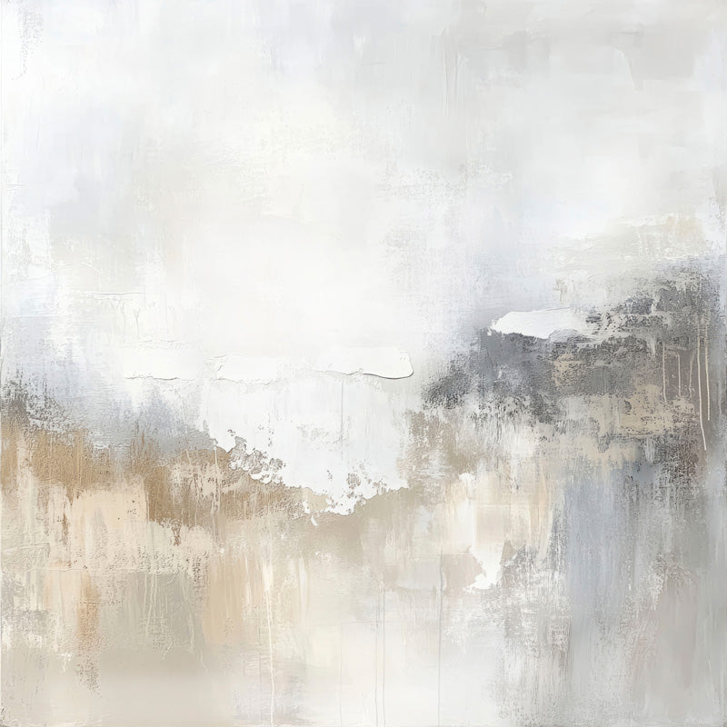 Abstract hazy landscape in white, grey and sand with thick textured paint strokes