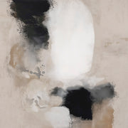 Abstract painting of a white oval with black washes and grey spatter on a sandy ground