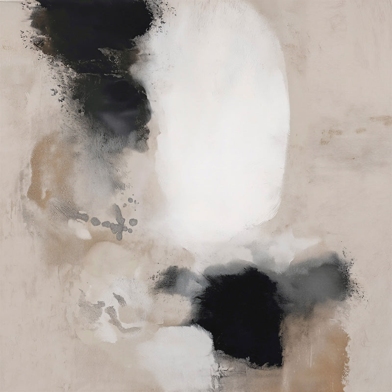 Abstract painting of a white oval with black washes and grey spatter on a sandy ground
