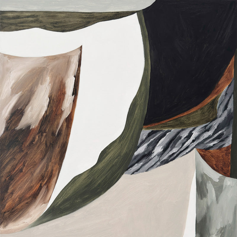 Abstract painting with olive, rust and black shapes, a marbled grey passage and pale neutral ground