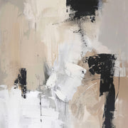 Abstract painting of cream, beige and white layers with bold black brushstrokes