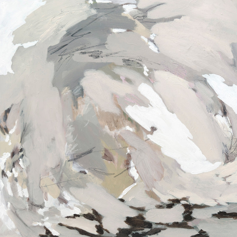 Abstract painting with swirling blush, cream and grey brushstrokes and dark accents at the base