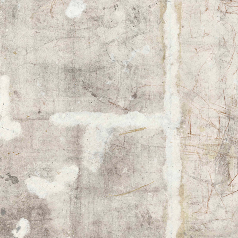 Textural abstract artwork in grey and ivory with a torn paper seam and pencil marks