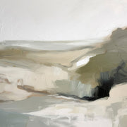 Painterly coastal scene with sage headland, sandy shore and hazy white sky