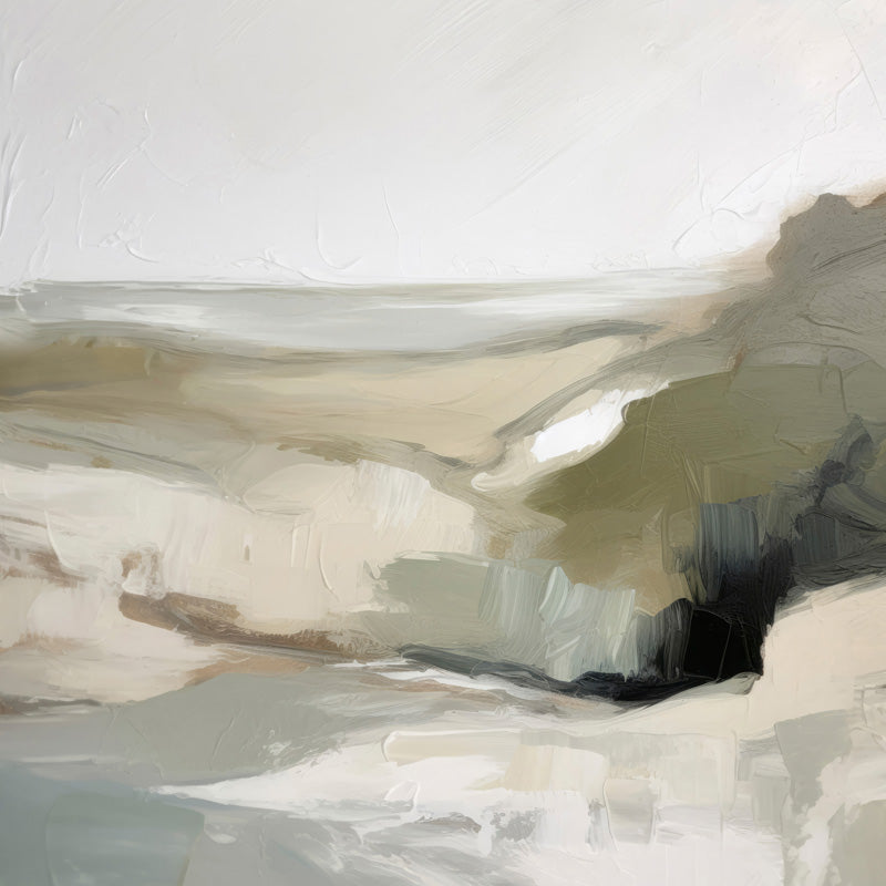 Painterly coastal scene with sage headland, sandy shore and hazy white sky