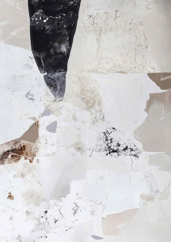 Abstract layered white and cream surfaces with a black tapering shape and cracked texture