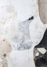 Abstract layered shapes in white, grey, taupe and black with scratches and speckled texture