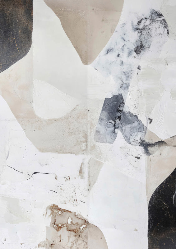 Abstract layered composition of white and sand planes with charcoal corners and a grey mottled wash