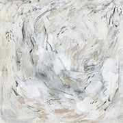 Abstract painting of swirling white and grey strokes with scratched dark lines and sand patches