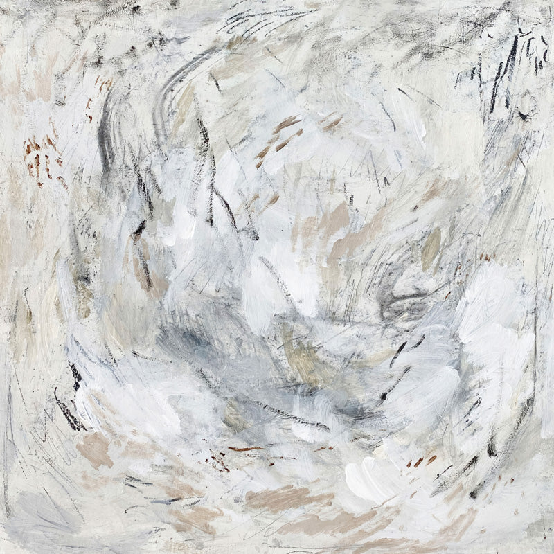 Abstract painting of swirling white and grey strokes with scratched dark lines and sand patches