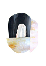 Abstract artwork with dark arch, blush marbled panel and cream striped shape on white.