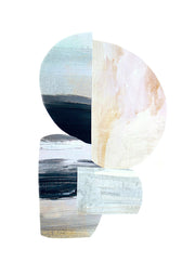Abstract collage artwork with overlapping circles in blue, black, beige and blush tones